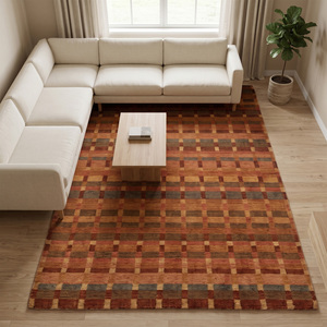 Tapis en laine à carreaux orange rouille et marron anthracite, tissé contemporain, antidérapant, écologique, pour salon - Product Image 3