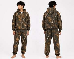 Plus Size Men Knitted Winter Windproof Fleece Zip up Hoodie Camo Sweatshirt Leaf Print <b>Tracksuit</b> Casual Streetwear - Product Image 4