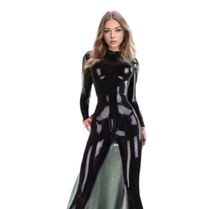 Mono largo de mujer negro con revestimiento de PU, cintura alta, manga larga, cuello alto, sexy, para discoteca, elástico, ajustado al cuerpo - Product Image 2