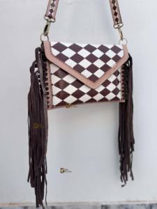 Nouveauté : Sac à franges en cuir fait main, style bohème gypsy, motif à carreaux, sacs de créateurs multi-usages, style western élégant - Product Image 2