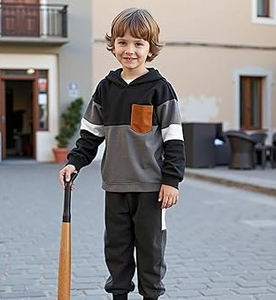 Conjunto Deportivo Infantil de Color Sólido, Sudadera con Capucha Estampada, Pantalones Deportivos, Conjunto de 2 Piezas de Felpa para Correr, Ropa Deportiva Informal de Invierno - Product Image 2