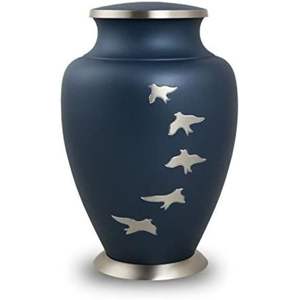 Urna Funeraria Grande de Metal para Adultos - Urnas Funerarias de Aluminio Azul Hechas a Mano para Cenizas Humanas - Urna Conmemorativa con Motivo de Pájaros Voladores - Product Image 1