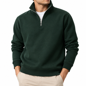 Sweat-shirt à col montant zippé vert foncé pour homme, coupe classique, couleur unie, en molleton, décontracté, manches longues, pour l'automne - Product Image 1