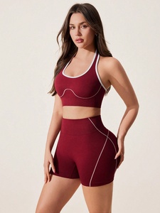 Women 2 Piece Yoga Set Brown Solid Racerback <b>Crop</b> <b>Top</b> High Waist Shorts Contrast Stitch Seamless Four-Way Stretch - Product Image 2