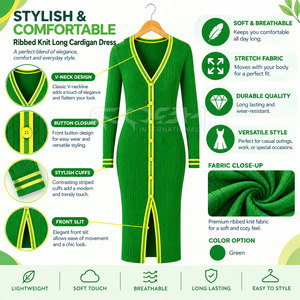 Cosh International Sorority Sisterhood Casual Ribbed <b>Maxi</b> Green Yellow Contrast Stripe Long Sleeve V Neck Button Up <b>Cardigan</b> - Product Image 6
