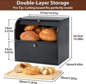 2 Tier <b>Wooden</b> <b>Bread</b> Box Roll Top <b>Bread</b> <b>Bin</b> Natural Wood Food Storage Container Organizer For Kitchen Countertop Wholesale - Product Image 6