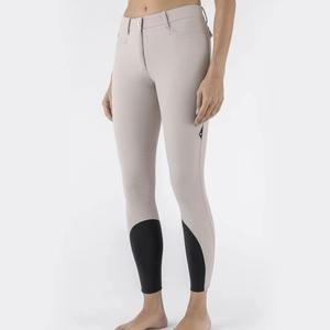 <b>Women</b> High Waist Full Length Equestrian Breeches With Knee Patches And Button Fly Closure <b>Black</b> Knitted Spandex Nylon <b>Pants</b> - Product Image 2