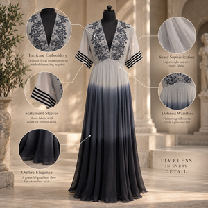 Vestido de Noche con Bordado Floral y Efecto Ombre |   Vestido Largo con Escote en V Profundo y Manga Corta, Estilo Línea A, para Fiestas, Bodas, Eventos Formales - Product Image 5