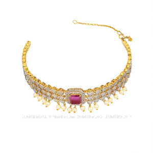 Gold Plated Statement Choker <b>Necklace</b> with <b>Ruby</b> and Pearls Fashion Jewelry Set - Product Image 1
