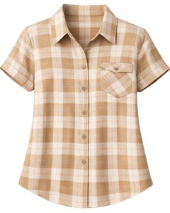 Chemise boutonnée à manches courtes pour femme, à carreaux beige et marron, décontractée, légère, respirante, avec poche, pour l'été - Product Image 1
