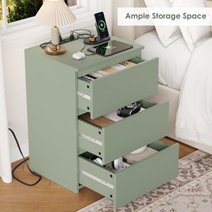 <b>3</b> <b>Drawer</b> Nightstand with Charging Station Green <b>Bedside</b> <b>Table</b> for Bedroom and Living Room - Product Image 4