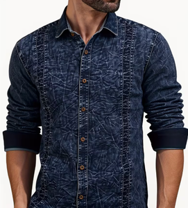 Chemise en jean slim pour homme, manches longues, col rabattu, style décontracté, imprimé délavé, en coton tissé, infroissable, toutes saisons - Product Image 1
