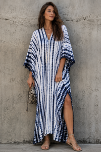 Vestido Maxi Kaftán Azul Marino con Estampado Tie Dye para Mujer, Cuello en V, Holgado, para Playa o Resort, Proveedor de Fábrica, Venta al Por Mayor - Product Image 6