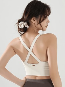 Women Padded <b>Cross</b> Strap Sports Bra Scoop Neck High Elastic Active Wear <b>Top</b> Breathable Gym Fitness Athleisure Bralette - Product Image 3