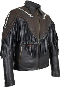 Manteau Western en toile et cuir à franges, style Cowboy Rodeo, avec encolure brodée, pour l'équitation à la ferme, bicolore, respirant et à séchage rapide - Product Image 5