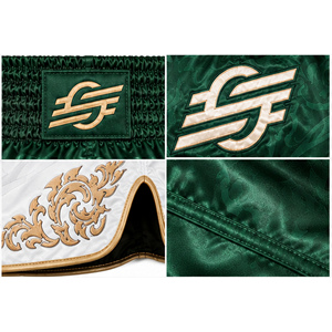 Shorts de MMA vert, blanc et or avec logo imprimé par transfert thermique au dos, unisexe, coupe classique, vêtements de boxe pour adultes, séchage rapide, légers, 100% coton - Product Image 5