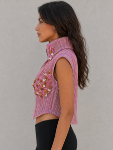 Top Corto Rosa con Cuentas para Mujer, Bordado a Mano, Escote en V Profundo, Cuello Abierto, Sin Mangas, Estilo Corsé, Ideal para Fiestas, Venta al por Mayor - Product Image 3