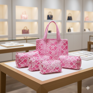 Pink Quilted Cotton <b>Tote</b> <b>Bag</b> <b>with</b> Perfectly Matched Toiletry Pouches Lightweight Canvas Lining Zipper Closure Summer Shopping - Product Image 2