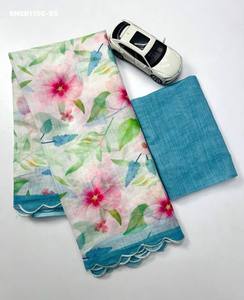 Ensemble Saree-Blouse en Lin de Qualité Supérieure avec Impression Numérique et Bordure Découpée, Design Moderne – Achetez en Ligne en Inde - Product Image 4