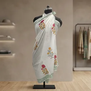 White Floral Hand Block Printed Cotton <b>Sarong</b> Scarf with Mint Green Border Lightweight Beach Wrap Stole for Women - Product Image 4
