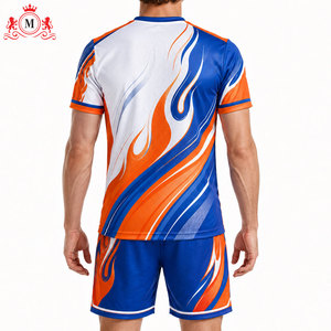 Ensemble de maillots de football personnalisés par sublimation pour hommes, bleu, orange, blanc, design flamme, polyester respirant, uniforme de football pour adultes - Product Image 2