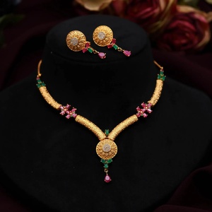 RAY FINE ORNATES IGI Certified 22K Gold Plated Brass <b>Ruby</b> Pink Bridal Wedding Jewelry Set Vintage Handmade From Rajasthan - Product Image 1