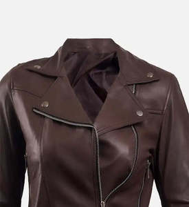 Women’s Dark Brown Genuine <b>Leather</b> Biker <b>Jacket</b> Full Sleeve Stand Collar Zipper Closure Autumn Style - Product Image 3