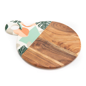 Planche à découper ronde en bois de qualité supérieure avec un imprimé émail tropical coloré, disponible à prix de gros. - Product Image 1