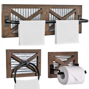 Toallero de Pared Rústico de Madera con Barra Metálica, Soporte de Almacenamiento para Baño - Product Image 1