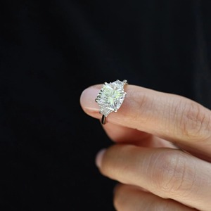 3.60 CT Cushion Cut Lab Grown Diamond Three Stone <b>Ring</b> with Trapezoid Side Stones in 14K Solid White Gold Elegant <b>Statement</b> <b>Ring</b> - Product Image 6