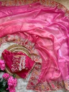 Sari en satin doux Fandy avec bordure brodée et chemisier en soie monofilament entièrement brodé, collection de broderies royales - Product Image 1