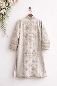 Veste longue en coton blanc brodé de luxe pour femmes, col montant, motif floral bohème, manches longues, vêtement d'extérieur pour l'hiver - Product Image 2
