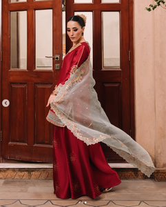 Women's Red Silk Salwar Kameez With Embroidered Dupatta Traditional Indian Pakistani Wedding Outfit Regular Fit Ankle-Length - Product Image 3