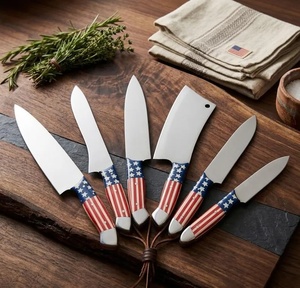 A&M Enterprises Handmade Stainless Steel Kitchen Cutlery <b>Set</b> Flag Pattern Handle Design Straight Edge Damascus Steel <b>Knife</b> <b>Set</b> - Product Image 5
