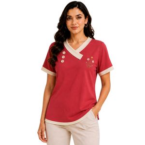 <b>Red</b> Beige Womens V Neck Short Sleeve T Shirt Floral Embroidery Contrast Trim Casual Wholesale Fashion Apparel Manufacturer - Product Image 1