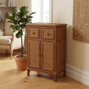 Traditional Teak Wood Nightstand Natural Rattan Woven Side Cabinet with 4 Storage Drawers for Bedroom Living Room & Hospital Use - Product Image 2