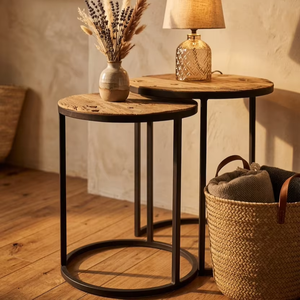 Juego de Mesas Auxiliares Modernas Rafert, Ecológicas, Duraderas, Redondas, con Base de Hierro y Tapa de Madera, para Apartamento, Cafetería, Salón - Product Image 2