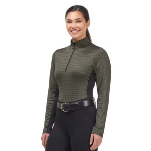 Haut d'équitation pour femme à manches longues, imprimé géométrique, fermeture éclair, respirant, tricoté, taille mi-haute, séchage rapide, léger - Product Image 1