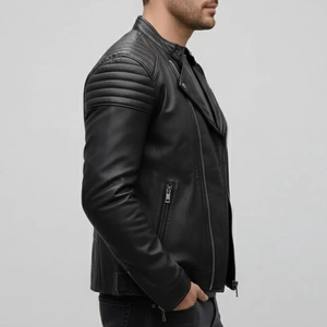 Men's <b>Black</b> Biker Leather <b>Jacket</b> Asymmetrical Zip Motorcycle Style Coat Premium Lambskin Streetwear Outerwear - Product Image 2