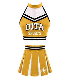 Ensemble d'uniforme de cheerleading jaune doré, jupe plissée, haut court, tenue de performance d'équipe, compétition de danse, vêtements de sport athlétiques - Product Image 1