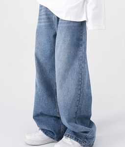 Pantalones vaqueros anchos de mezclilla azul oscuro 100% algodón lavado, estilo urbano, talla grande para hombre, venta al por mayor - Product Image 4
