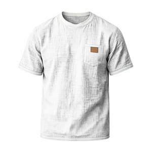 Camiseta de Hombre de Lino y Algodón de Color Sólido, Manga Corta, Ligera, Transpirable, Cuello Redondo, con Bolsillo en el Pecho y Ribete en Contraste, Corte Casual - Product Image 3