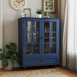 Credenza Moderna Minimalista in Legno Blu con Doppie Ante in Vetro e Cassetto per Soggiorno, Mobile Buffet per Stoccaggio - Product Image 1