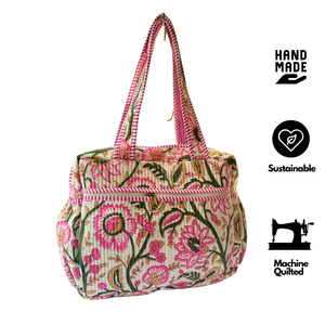 Floral Vintage Zipper Cotton Mommy Diaper Bag Portable Newborn Baby Eco-friendly Block Print <b>Nursery</b> Organizer Long Handles - Product Image 2