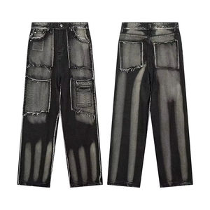 Jean en denim patchwork taille haute pour homme, coupe ample, style streetwear déchiré, en coton, pour l'automne - Product Image 2