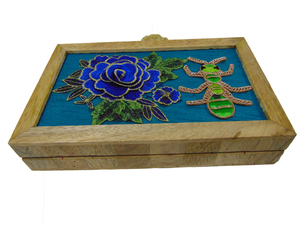 Handmade Floral Embroidery Metal Frame Clutch Box Bag Blue Rose <b>Green</b> Insect Design Rectangle Shape Evening Party Style - Product Image 2