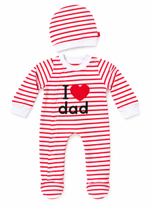 Conjunto de pelele de bebé de punto 100% algodón a rayas naranja y blanco con la inscripción 'I Love Dad' y gorro a juego - Product Image 4