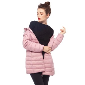 Pink Hooded Puffer <b>Jacket</b> <b>Long</b> Length Zipper Closure Windproof Casual Winter Wear Solid Color Eco-friendly Unisex Finished Front - Product Image 2