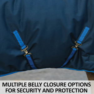 Couverture imperméable pour cheval bleue avec grande protection de la queue et double fermeture poitrine pour une utilisation extérieure toutes saisons - Product Image 3