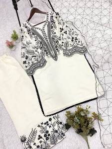 Trending White Black Straight Kurta Palazzo Suit 3 Piece Set Indian Pakistani Casual Party Wear Lawn Cotton Salwar Kameez Dress - Product Image 5